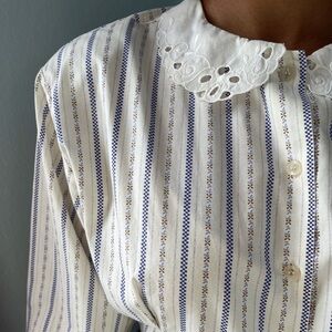 Striped white eyelet collar button down blouse